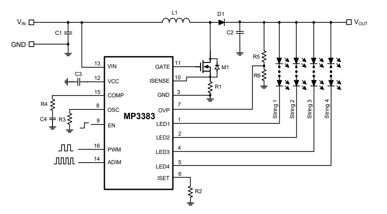 Application Circuit Diagram - Monolithic Power Systems (MPS) MP3383 Step-Up WLED Controllers